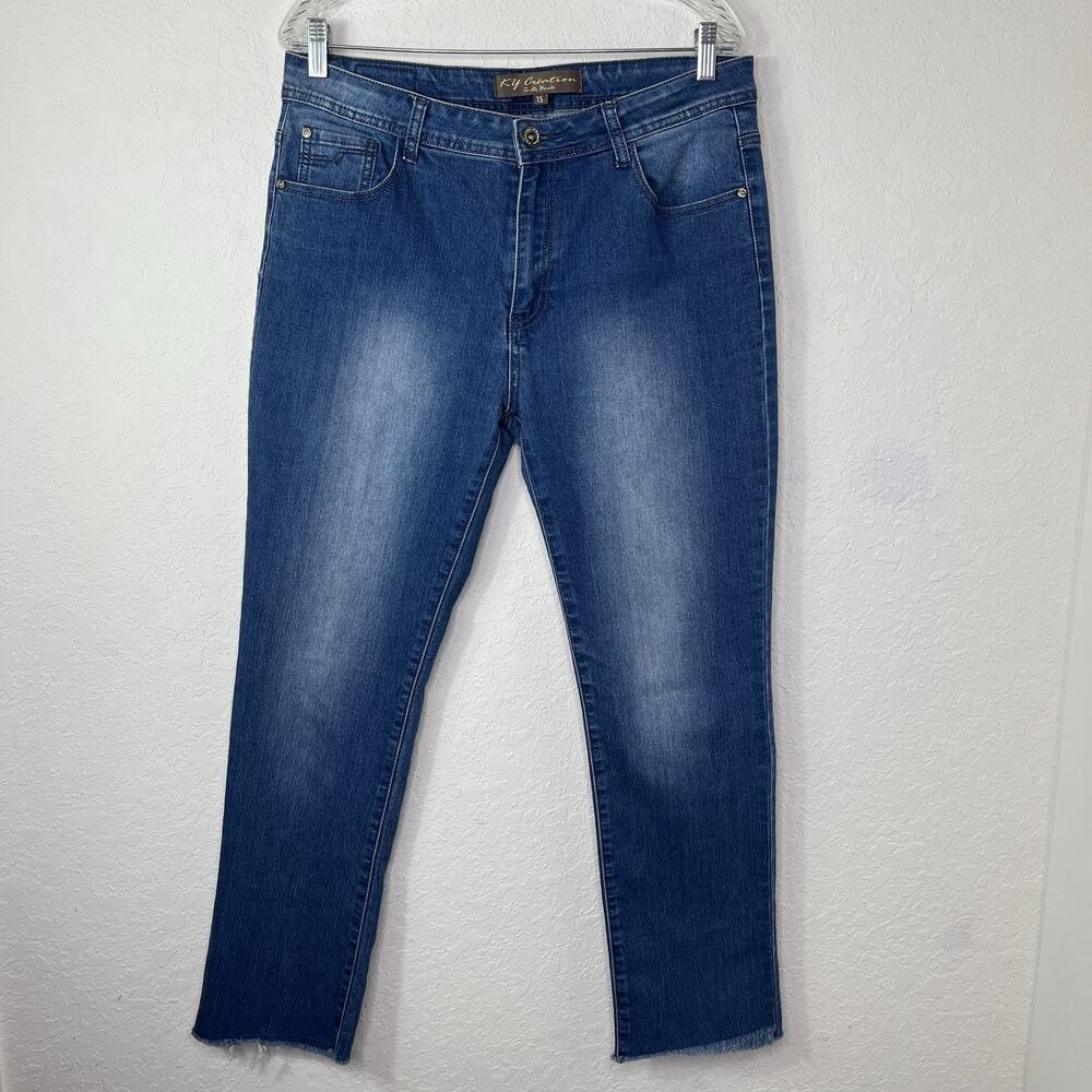 KY Creation high-waist Blue Jeans Straight Leg Raw Hem Size XXL-T5, Cotton blend